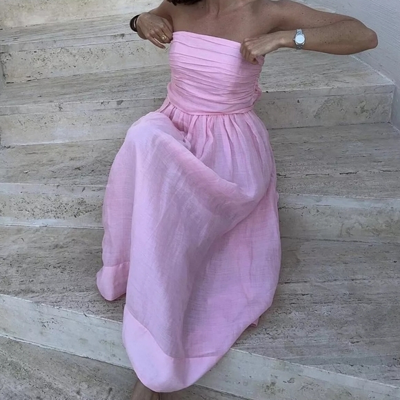 H&M ramie cotton bandeau midi dress removable straps pink BNWT - Picture 1 of 13